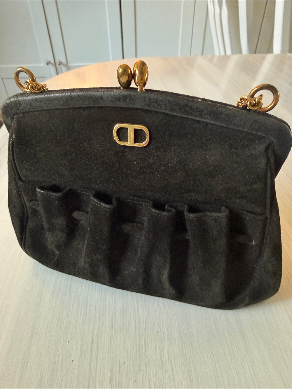 Bienan-Davis Vintage Black Suede Frame Clasp Shoulder Bag with Gold Hardware